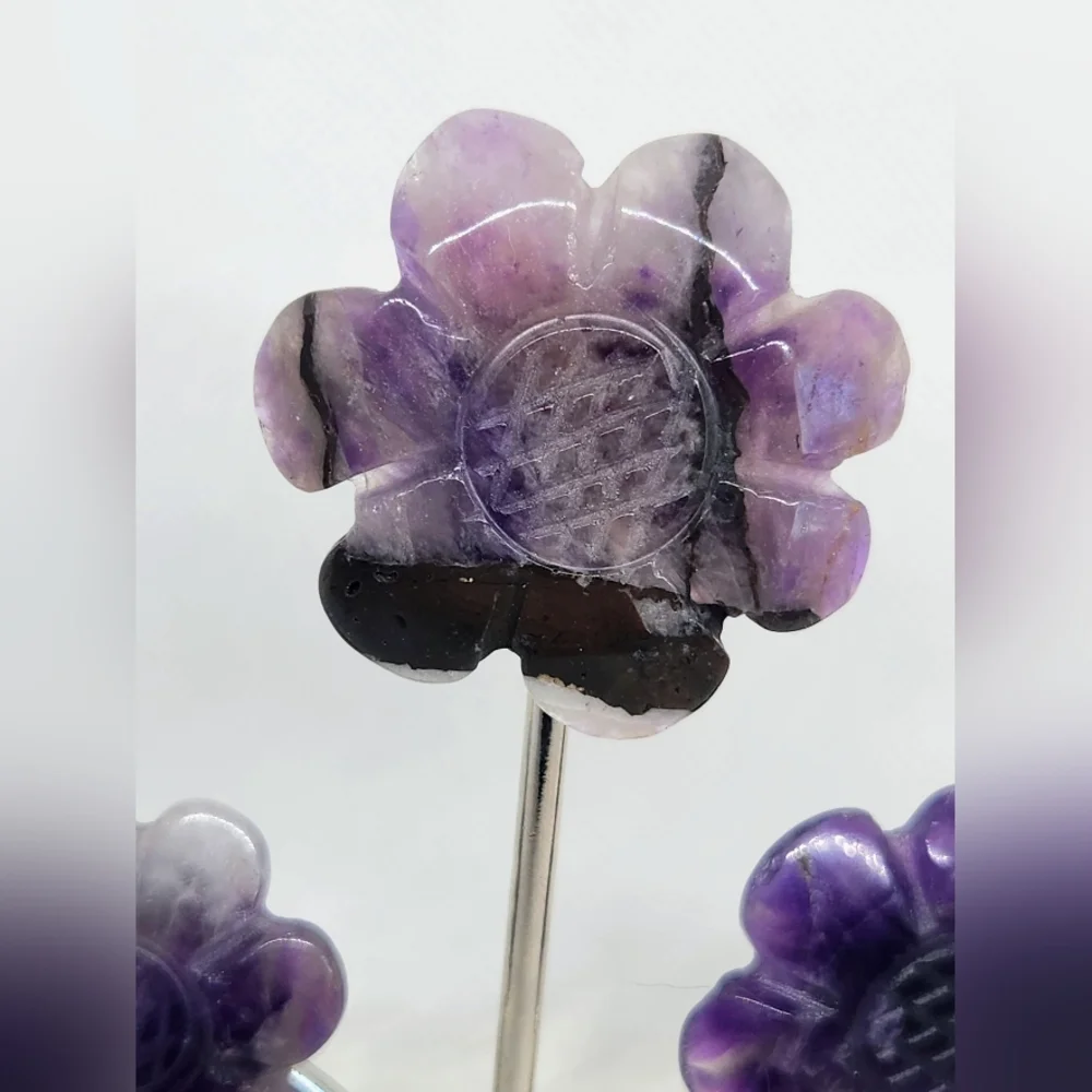 Amethyst Flowers On Metal Stand. Crystal Floral Decor.